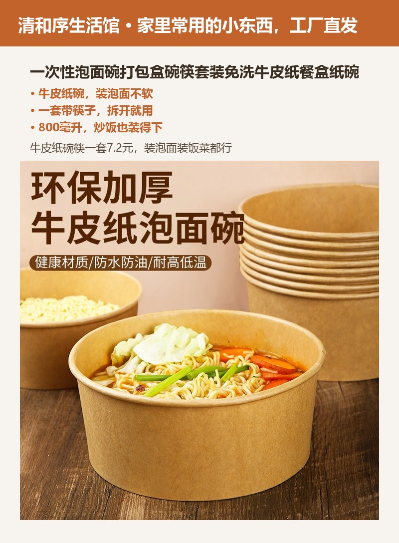 一次性泡面碗打包盒碗筷套装免洗牛皮纸餐盒纸碗 详情图